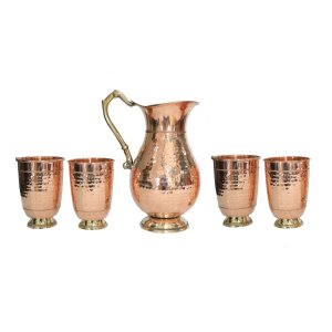 Royal hammered coppered jug with 4 glass- home and decore beautiful Vibrant handmde object.