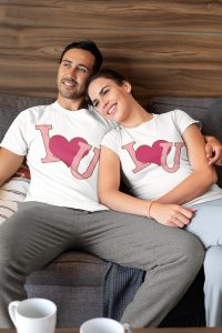 I Love You (BG Pink)- Printed Couple Printed White T-Shirts