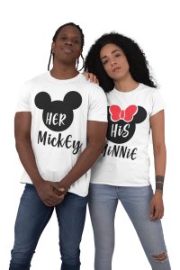 Shopigara Her Mickey His Minnie Print Text White- Printed T-Shirts