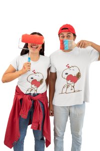 Dog Holding Heart Couple white -Printed T-Shirts