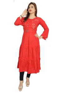 Red flower embroided straight Kurti for Womens/ girls (Apple color)- Made up of Rayon and designed for you plesant and comfy