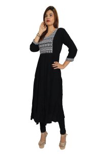 Curved square covered with flower embroided straight Kurti for Womens/ girls (black kurti)- Made up of Rayon and designed for you plesant and comfy