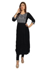 Four petals flower pearl embroided straight Kurti for Womens/ girls (black kurti)- Made up of Rayon and designed for you plesant and comfy