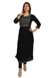Curved horizontal lines embroided straight Kurti for Womens/ girls (black kurti)- Made up of Rayon and designed for you plesant and comfy
