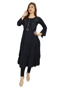 Black flowers- buttons embroided straight Kurti for Womens/ girls (black kurti)- Made up of Rayon and designed for you plesant and comfy
