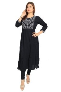 Karenji shaped designs embroided straight Kurti for Womens/ girls (black kurti)- Made up of Rayon and designed for you plesant and comfy