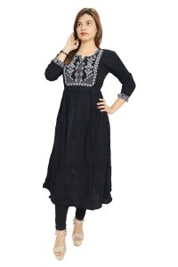 Five petal leaves embroided straight Kurti for Womens/ girls (black kurti)- Made up of Rayon and designed for you plesant and comfy