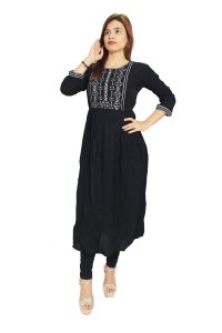 Black and white chained squares embroided straight Kurti for Womens/ girls (black kurti)- Made up of Rayon and designed for you plesant and comfy