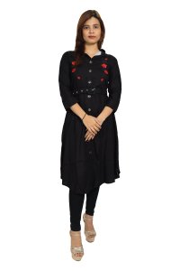 Red roses- belt embroided straight Kurti for Womens/ girls (black kurti)- Made up of Rayon and designed for you plesant and comfy