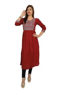 Four petal pearl flower embroided straight Kurti for Womens/ girls (Red)- Made up of Rayon and designed for you plesant and comfy