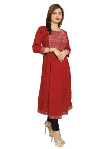 Curved straight lines embroided straight Kurti for Womens/ girls (Red)- Made up of Rayon and designed for you plesant and comfy