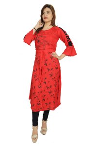 Black feather printed embroided straight Kurti for Womens/ girls (Red)- Made up of Rayon and designed for you plesant and comfy