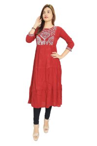 Karenji designed embroided straight Kurti for Womens/ girls (Red)- Made up of Rayon and designed for you plesant and comfy
