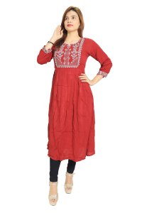 Five petal leaves embroided straight Kurti for Womens/ girls (Red)- Made up of Rayon and designed for you plesant and comfy