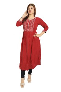 Red and white chained squares embroided straight Kurti for Womens/ girls (Red)- Made up of Rayon and designed for you plesant and comfy