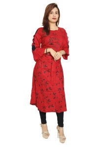 Black lined flower embroided straight Kurti for Womens/ girls (Red)- Made up of Rayon and designed for you plesant and comfy