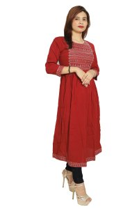 Curved line embroided straight Kurti for Womens/ girls (Red)- Made up of Rayon and designed for you plesant and comfy