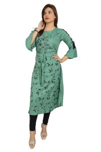 Black feather printed straight Kurti for Womens/ girls(Green Kurti) - Made up of Rayon and designed for you plesant and comfy