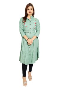 Red flower embroided straight Kurti for Womens/ girls (Green Kurti) - Made up of Rayon and designed for you plesant and comfy
