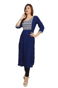 Chain curved square embroided straight Kurti for Womens/ girls (Blue)- Made up of Rayon and designed for you plesant and comfy