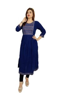 Curved straight lines embroided straight Kurti for Womens/ girls (Blue)- Made up of Rayon and designed for you plesant and comfy