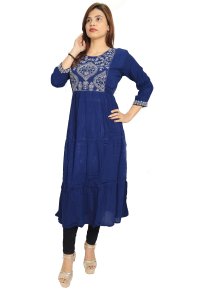 Karenji shaped designed embroided straight kurti for womens / girls (Dark Blue) - Made up of Rayon and designed for you plesant and comfy