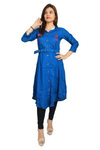 Red planted roses with a belt embroided straight Kurti for Womens/ girls (Blue Kurti) - Made up of Rayon and designed for you plesant and comfy