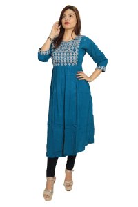 Flower pearl embroided straight kurti for womens / girls (Sky blue kurti) - Made up of Rayon and designed for you plesant and comfy