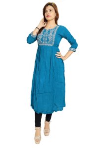 Five leaves embroided straight kurti for womens / girls (Sky blue kurti) - Made up of Rayon and designed for you plesant and comfy