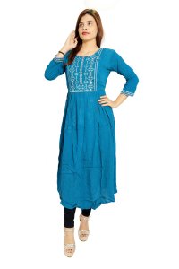 Blue white square chained embroided straight kurti for womens / girls (Sky blue kurti) - Made up of Rayon and designed for you plesant and comfy