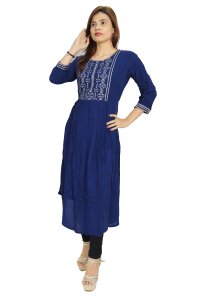 Blue white curved squares embroided straight kurti for womens / girls  (Navy Blue kurti) - Made up of Rayon and designed for you plesant and comfy