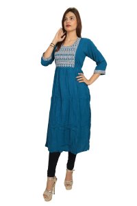 Curved square embroided straight kurti for womens / girls (Sky blue kurti) - Made up of Rayon and designed for you plesant and comfy