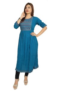 Curved lines embroided straight kurti for womens / girls (Sky blue kurti) - Made up of Rayon and designed for you plesant and comfy