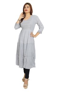 Curved square chained embroided straight Kurti for Womens/ girls (Grey)- Made up of Rayon and designed for you plesant and comfy