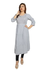 Flowers with pearl embroided straight Kurti for Womens/ girls (Grey)- Made up of Rayon and designed for you plesant and comfy