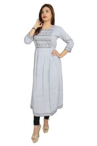 Curved straight lines embroided straight Kurti for Womens/ girls (Grey)- Made up of Rayon and designed for you plesant and comfy