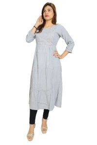 Karenji shaped embroided straight Kurti for Womens/ girls (Grey)- Made up of Rayon and designed for you plesant and comfy