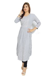 Barfi square chained embroided straight Kurti for Womens/ girls(Grey)- Made up of Rayon and designed for you plesant and comfy