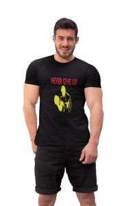 Never Give Up, (BG Yellow), Round Neck Gym Tshirt (Black Tshirt) - Clothes for Gym Lovers - Suitable for Gym Going Person - Foremost Gifting Material for Your Friends and Close Ones