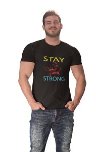 Stay Strong, (BG Yellow and Blue), Round Neck Gym Tshirt (Black Tshirt) - Clothes for Gym Lovers - Suitable for Gym Going Person - Foremost Gifting Material for Your Friends and Close Ones