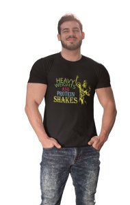 Heavy Weights and Protein Shakes Round Neck Gym Tshirt (Black Tshirt) - Clothes for Gym Lovers - Suitable for Gym Going Person - Foremost Gifting Material for Your Friends and Close Ones