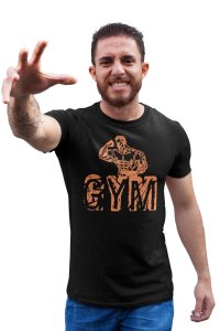 Gym, (BG Orange), Round Neck Gym Tshirt - Clothes for Gym Lovers (Black Tshirt) - Suitable for Gym Going Person - Foremost Gifting Material for Your Friends and Close Ones