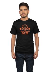 Meet Me At The Gym, Round Neck Gym Tshirt (BG Orange) (Black Tshirt) - Clothes for Gym Lovers - Foremost Gifting Material for Your Friends and Close Ones