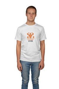 Fitness Gym, (BG Orange), Round Neck Gym Tshirt (White Tshirt) - Clothes for Gym Lovers - Suitable for Gym Going Person - Foremost Gifting Material for Your Friends and Close Ones