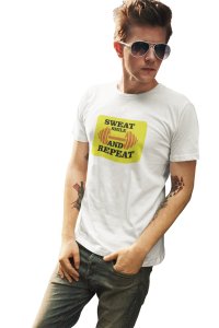 Sweat, Smile And Repeat, (BG Yellow), Round Neck Gym Tshirt (White Tshirt) - Clothes for Gym Lovers - Suitable for Gym Going Person - Foremost Gifting Material for Your Friends and Close Ones
