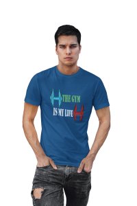 The Gym is My Life, 2 Dumbles, Round Neck Gym Tshirt (Blue Tshirt) - Clothes for Gym Lovers - Suitable for Gym Going Person - Foremost Gifting Material for Your Friends and Close Ones