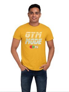 Gym Mode On, Round Neck Gym Tshirt (Green Button On) (Yellow Tshirt) - Clothes for Gym Lovers - Suitable for Gym Going Person - Foremost Gifting Material for Your Friends and Close Ones