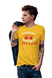 Fitness, Exercise Saved My Life, Round Neck Gym Tshirt (Dumble In Red) (Yellow Tshirt) - Foremost Gifting Material for Your Friends and Close Ones
