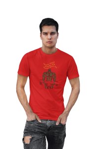 Work Hard, Dream Big, Never Give Up, (BG Muscle Man Brown), Round Neck Gym Tshirt (Red Tshirt) - Foremost Gifting Material for Your Friends and Close Ones