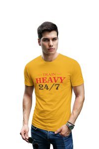 Train Heavy, Round Neck Gym Tshirt (Yellow Tshirt) - Clothes for Gym Lovers - Suitable for Gym Going Person - Foremost Gifting Material for Your Friends and Close Ones